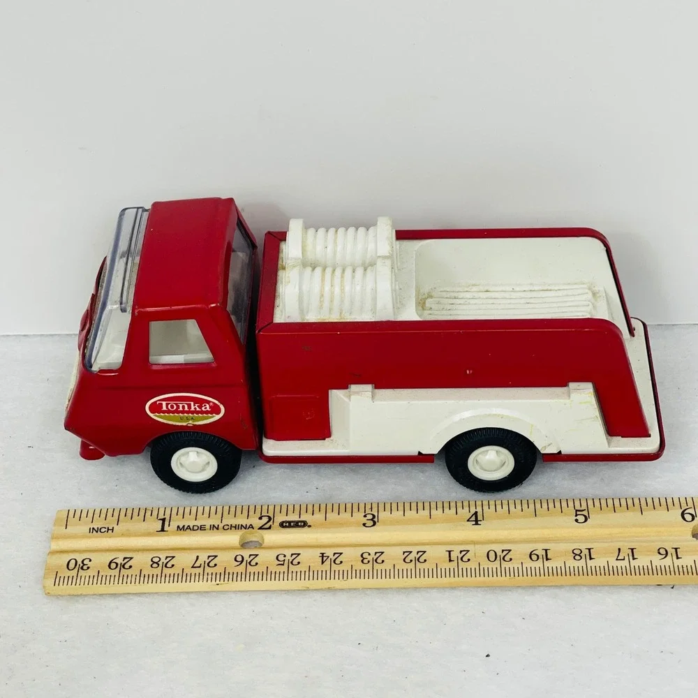 Vintage Tonka USA Pressed Steel Fire Truck Pumper Red White Toy Cabover 5 Inch